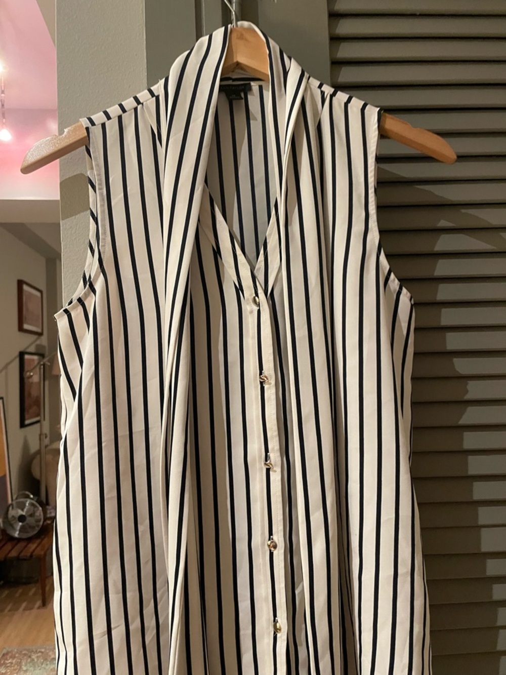Ann Taylor Black and White Vertical Stripe Sleeveless Button-Front Top